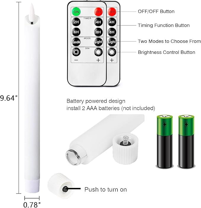 salipt Flameless White Taper Candles Flickering with Timer and 10-Key Remote, Battery Operated LDE Warm 3D Wick Light Window Candles Real Wax Pack of 6, Christmas Home Wedding Decor(0.78" X 9.64")