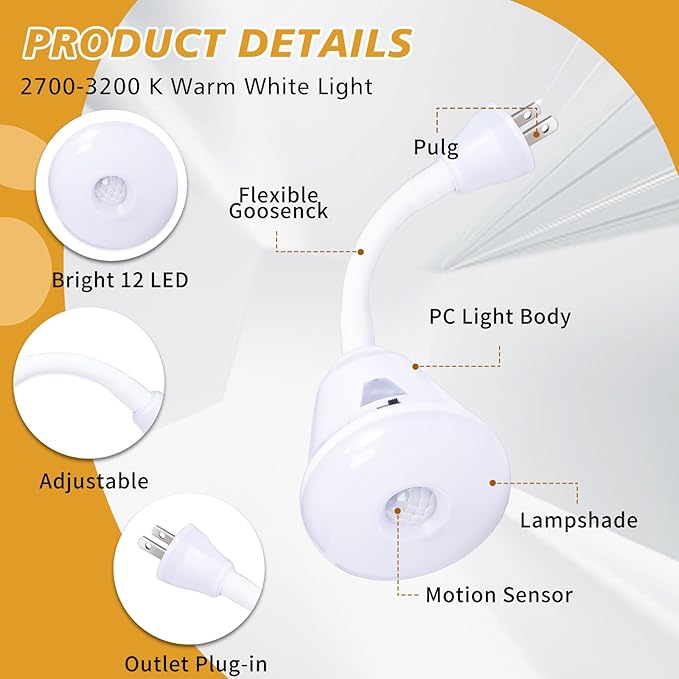 2 Pcs Plug in Motion Sensor Night Light Indoor LED Infrared Motion Detector Night Light for AC Outlet, Dusk to Dawn Sensor, 360° Rotating for Stairs Garage, 6W Warm White Light US Plug