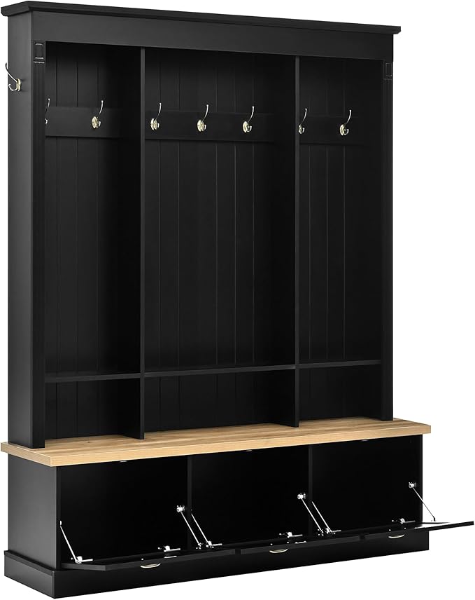 LUMISOL Hall Tree with Storage Bench, Entryway Coat Rack with LED Light and 3 Large Cabinets, Entryway Bench with Shelves and 9 Hooks, for Entrance Mudroom Living Room, Black
