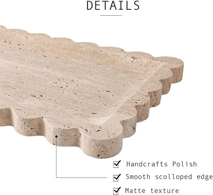 Natural Travertine Vanity Tray - 10.8"x8" Scalloped Marble Tray for Bathroom Kitchen Counter - Catch All Tray for Nightstand and Home Décor