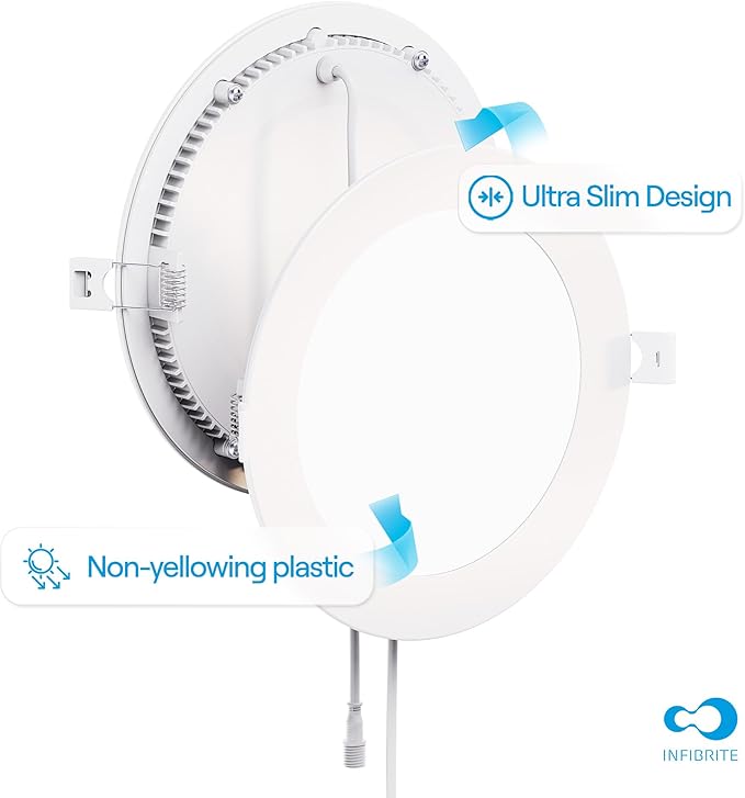 INFIBRITE 6 Inch 3000K Warm White 12W 1050LM Thin LED Ceiling Light Kit, Dimmable, Wet Rated