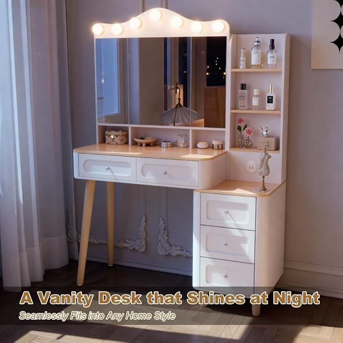 Vanity Desk with Mirror and Lights,Makeup Vanity with 2 USB Power Strip,Vanity Set with Two Drawers and Three-Drawer Chest, 3 Lighting Modes Adjustable Brightness, Foldable Three-Sided Mirror