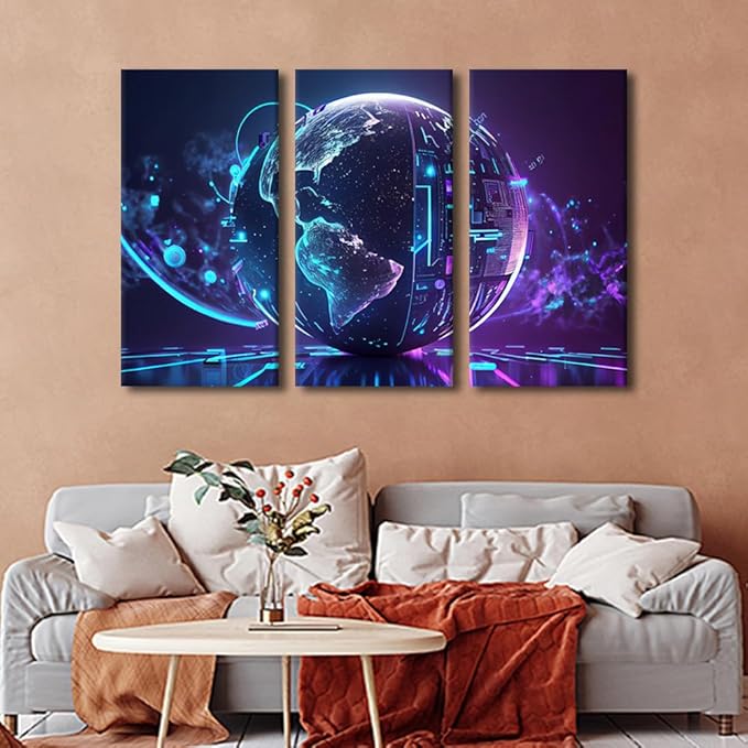 TUMOVO 3 Pieces Wall Art for Living Room, Neon Colorful Global World in Cyber Space Prints for Home Wall Decor, Cyber Space Posters for Home Hotel Wall Decoration, Ready to Hang, 42" Wx28 H