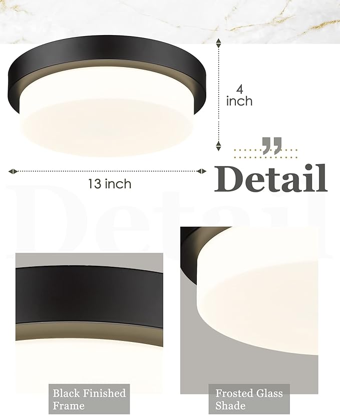 Black Flush Mount Ceiling Light, 13inch Close to Ceiling Light Fixtures 24W 2200lm Dimmable 2700K/3000K/4000K/5000K/6000K LED Ceiling Lamp for Bedroom Hallway Kitchen, AD-22008-L-BK