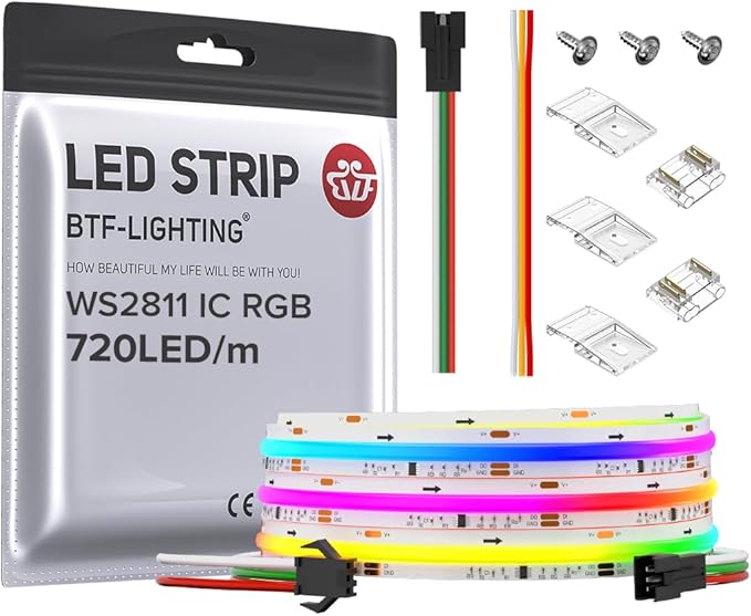 BTF-LIGHTING FCOB WS2811 IC RGB COB LED Strip DC24V 720LED/m 9.8FT Flexible High Density Uniform Chasing Color Light 20IC/m 12mm Width Light for Indoor Decor(No Adapter or Controller)