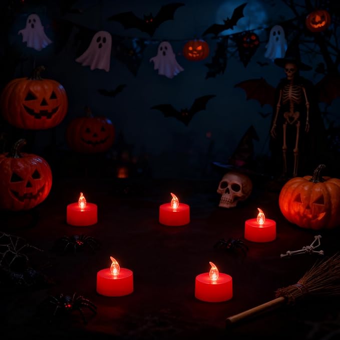 KOABY 12 Pack Red Light Non-Flickering Flameless Tea Lights, Red Base, Last 100H+, Battery Operated Tea Lights for Décor