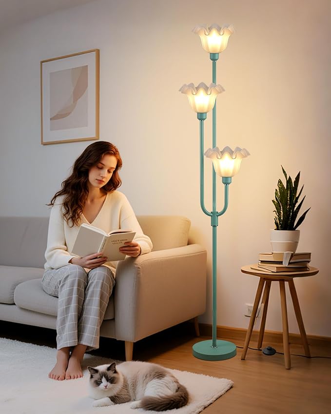Lightdot Flower Floor Lamp 3-Lights Rustic Floor Lamps with 3000K Warm White Bulbs for Wedding Party Modern Tall Standing Lamp for Living Room/Bedroom-Grey Green-12