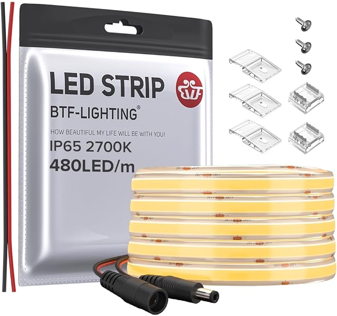 BTF-LIGHTING FCOB COB LED Strip IP65 480LED/m Flexible High Density Uniform Light 9W/m 16.4FT DC24V Warm White 2700K CRI 90+ 8mm Width for Home Indoor Decor(No Adapter or Controller)