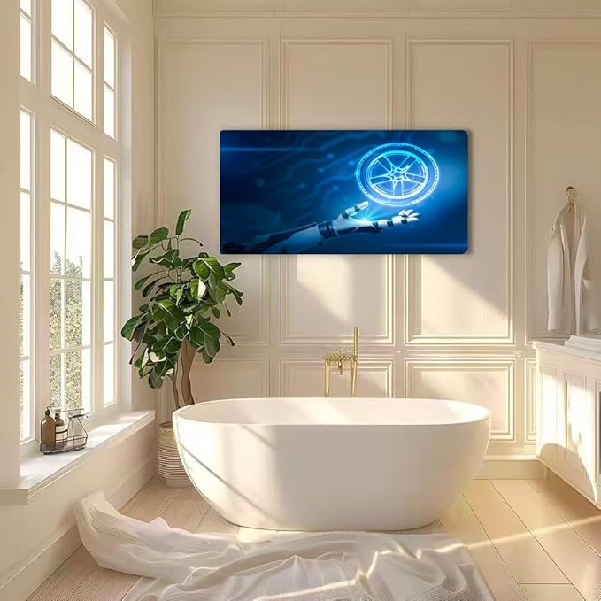 Wibinuki Wall Art Wall Decor Wall Paintings Robotic hand car wheel tyre on neon blue for Living Room Bedroom Bathroom Home Decor Can Be Hung Directly 20"x 40"