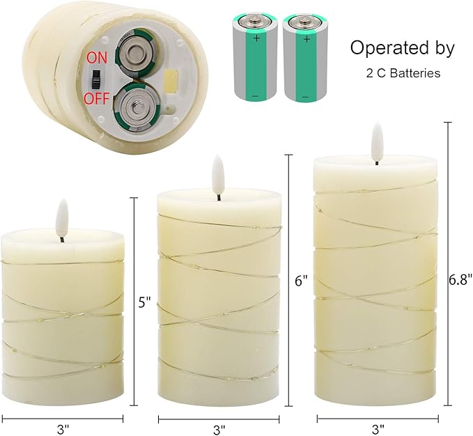 DRomance Flameless Flickering Candles String Light with Remote Timer Set of 3 Battery Operated LED Pillar Candles Real Wax 3D Wick Yellow Light Christmas Holiday Decor(3 x 5, 6, 6.8 Inch)