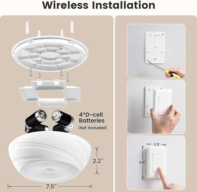 SURAIELEC Battery Ceiling Light with Wall Switch, Motion Sensor Light Indoor, Wireless Wall Switch Remote, 6500K, 300LM, Battery Powered Ceiling Light for Closet, Pantry, Laundry, and Shed, 1-Pack