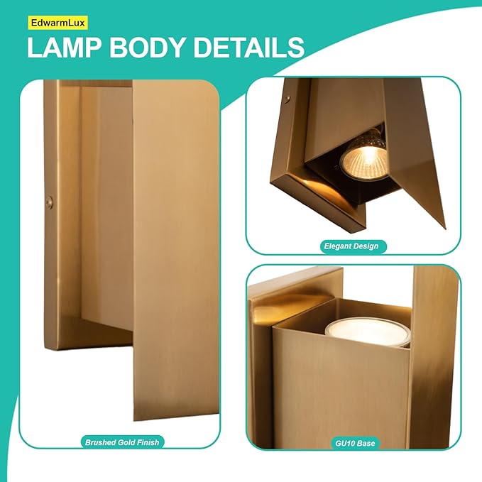 Indoor Wall Sconces, Modern Wall Lights, Up and Down Wall Mount Light, Dimmable Hardwired Wall Light for Bedroom, Living Room, Hallway, GU10 Bulbs Excluded (Brushed Gold)