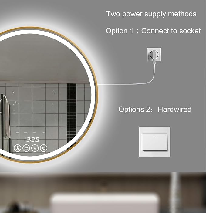 Wall-Mounted Round Bathroom Mirror with LED-Lights - Frame Vanity Mirrors (32" x 32", Gold)
