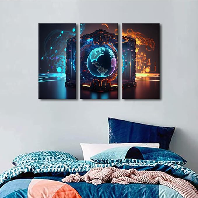 3 Panels Concept Pictures Print On Canvas Wall Art for Home Hotel Decoration, Cyber Space 3D Wall Art Framed Wall Art Neon Artwork Giclee Wooden Framed Ready to Hang, 36" Wx24 H