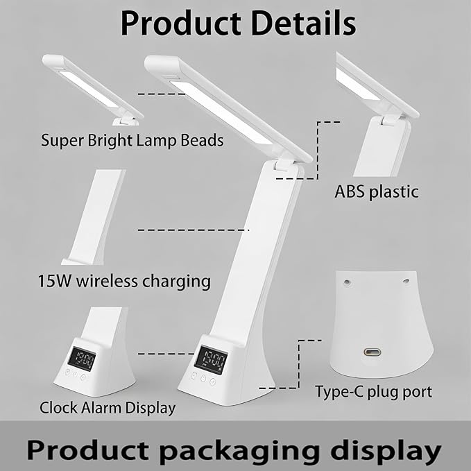 All-in-One Wireless Charging Desk Lamp with Digital Clock & Alarm, 15W Fast Phone Charger, 3 Color Lighting Modes, 180° Foldable, Touch Control for Bedroom, Office,TYV-2088 White.