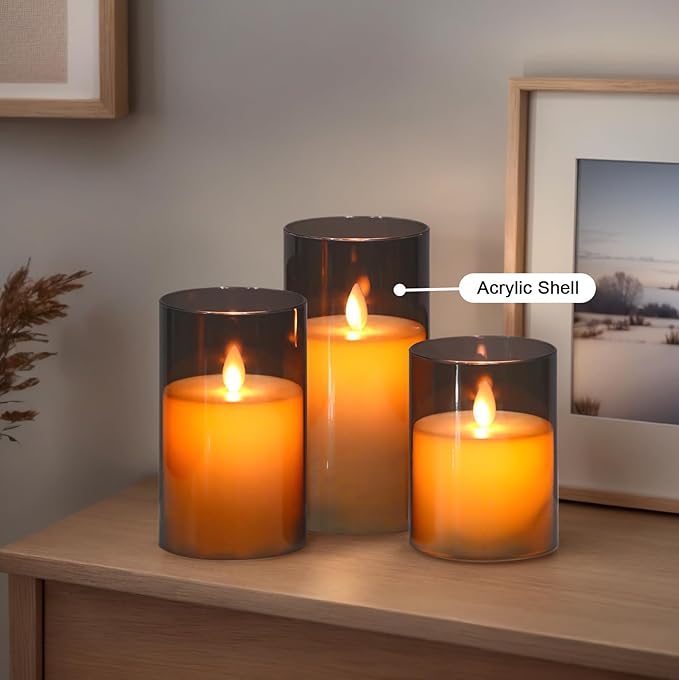 Flameless Candles with Remote Timer, LED Pillar Candles Moving Wick Flickering Battery Operated Pack of 3, Home Decorating for Ambiance, Cycling 24 Hours Timer, Gray