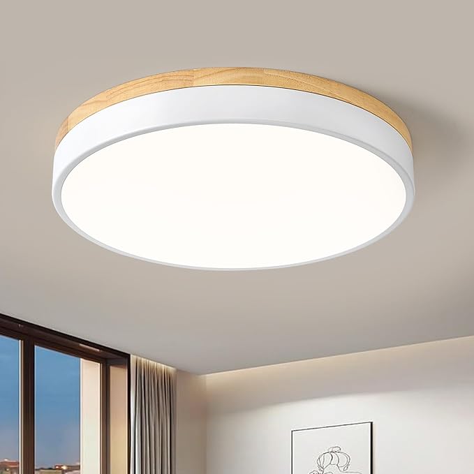 Modern Dimmable Wood Ceiling Light, White Round LED Flush Mount Ceiling Lighting Fixtures, Minimalist Ceiling Lamp for Kitchen Bedroom Laundry Room Living Room Entryway Hallway&15.74 in