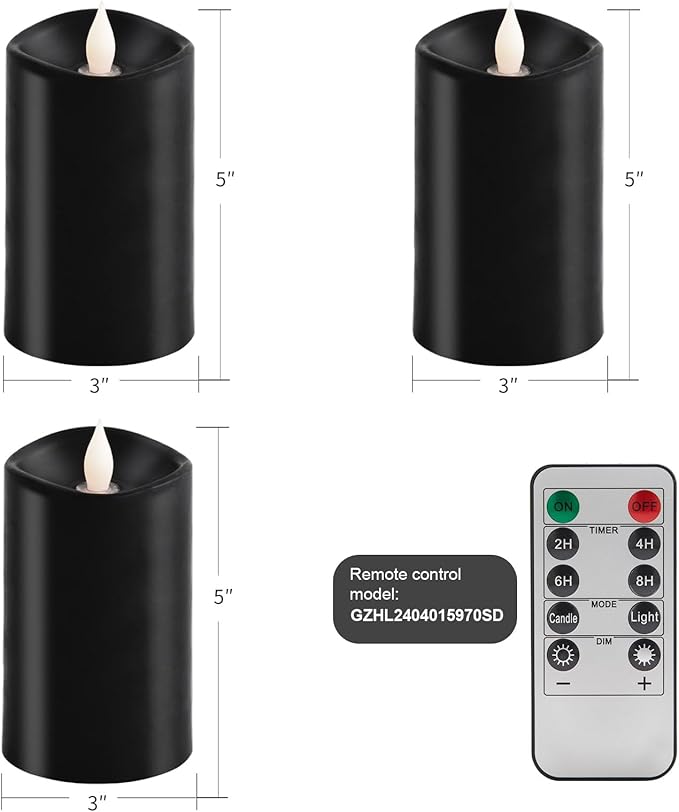 3x5 Flickering Flameless Candles Set of 3, 2AA Battery Life 600 Hours Battery Candles Flickering with Timer,5 inch Flameless Candles with Remote for Indoor/Outdoor, Black