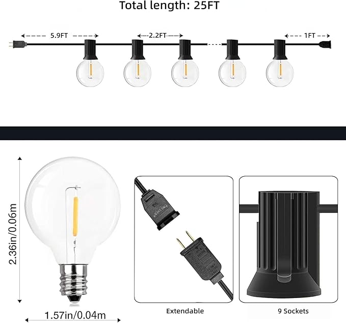GPATIO Outdoor String Lights, 25FT G40 Bulbs Shatterproof Patio Lights, Waterproof Dimmable Hanging Outdoor Lights, Connectable LED Outside Lights for Backyard Yard Gazebo Porch Party