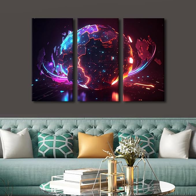 3 Panel Wall Decor Neon Colorful Global World in Cyber Space Pictures Posters, Digital World Wall Art for Living Room Bedroom Decoration, Framed Gallery-Wrapped Ready to Hang, 42" Wx28 H