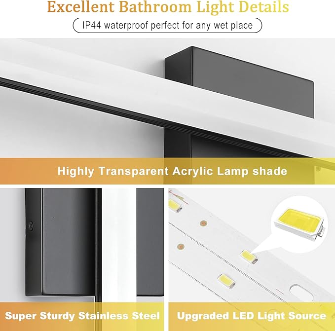 Combuh 2 Pack Bathroom Light Fixtures Black Vanity Lights Bar 24 Inch 14W Bathroom Lights Over Mirror IP44 Wall Sconces Cool White 6000K