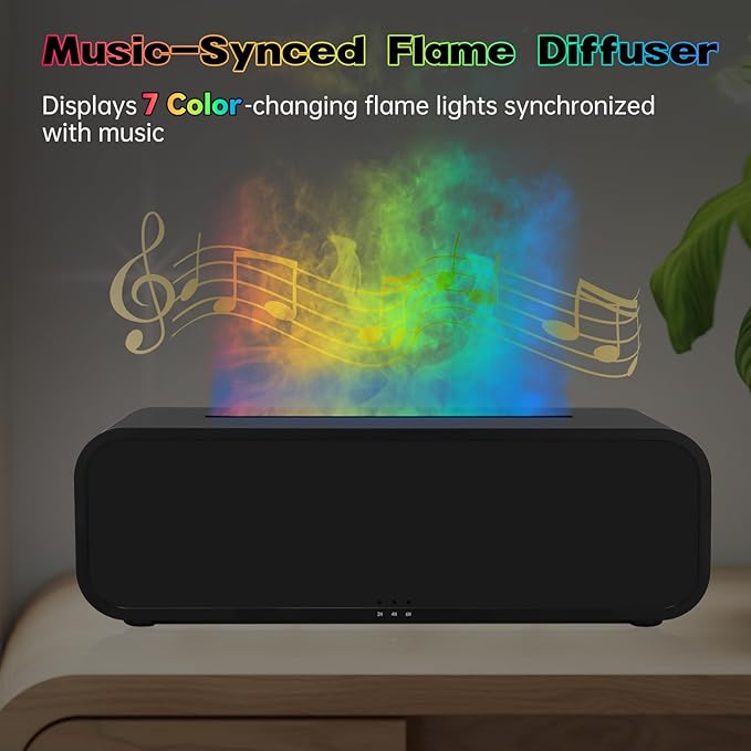 Music Color Flame Aroma Diffuser, 250ml Rainbow Flame Diffuser humidifier with smart Remote Control, 7-Color Changing Essential Oil Aromatherapy Diffuser for Home, Office, Yoga, Bedroom (Black).