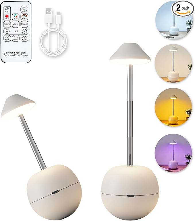 yadoker 2 Pack Cordless Table Lamps Set, Tumbler Touch Bedside Lamps with Remote Control, 2600mAh USB Rechargeable Nightstand Lamp, Dimmable Desktop Light for Home Office, Dining Room (White)