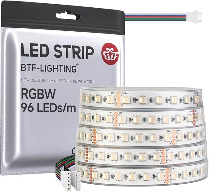BTF-LIGHTING 5050 RGBW RGB+Warm White(2700K-3000K) 4 Colors in 1 LED 5m 16.4ft 96LED/m DC24V Multi-Colored LED Tape Lights IP67 Waterproof White 14mm PCB for Home Decoration(No Adapter or Controller)