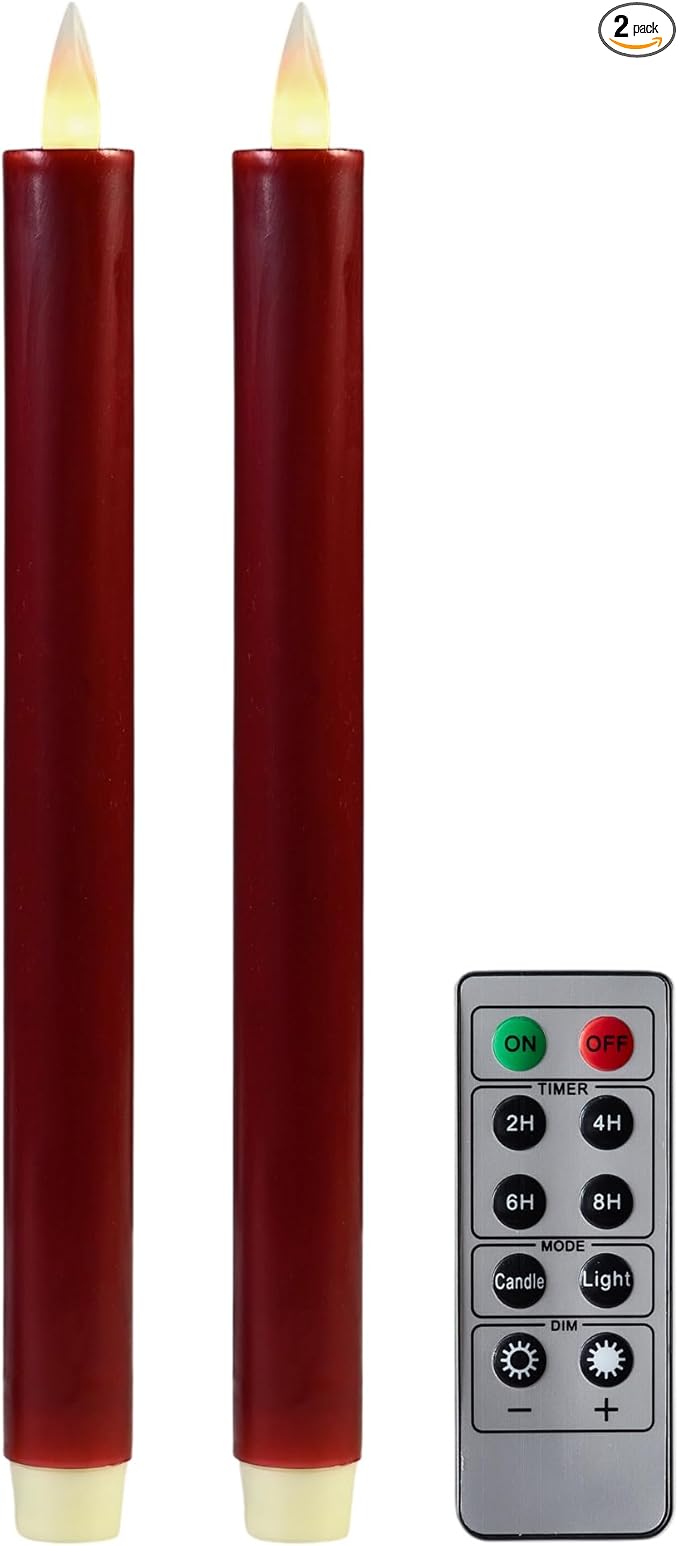 Flameless Taper Candles Flickering with Remote and Timer, 3D Moving Flame Taper Candle Battery Operated to 400 Hours, 9 Inch Window Candles, (Burgundy)
