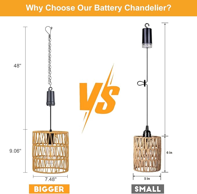 Livinlarge Battery Operated Chandelier,Hanging Rattan Pendant Lights with Timer,Gazebo Lights with Warm White Bulb,4*AA Battery Powered,for Pergola Porch Patio Outdoor Indoor Backyard Decor