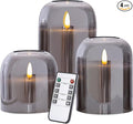 Gray Glass Flameless Candles Set of 3 (Φ 4" H 4" 5" 6") with Remote Battery Operated Flickering LED Pillar Candles Real Wax 3D Wick