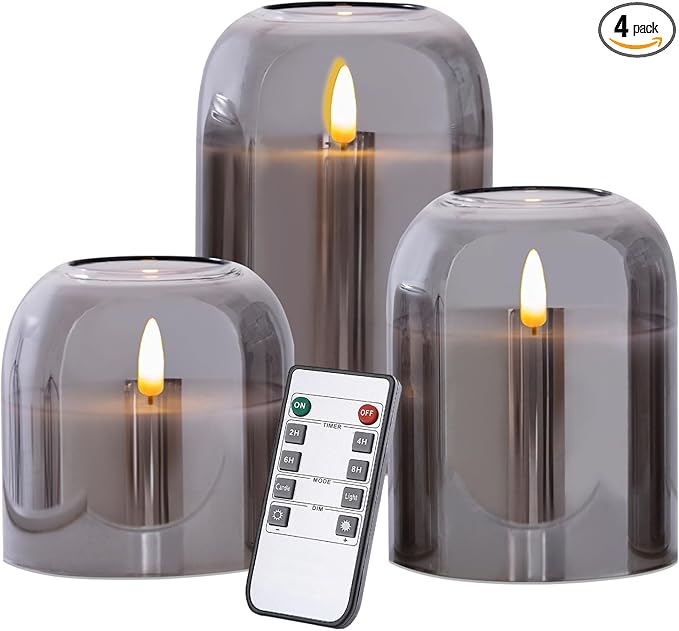 Gray Glass Flameless Candles Set of 3 (Φ 4" H 4" 5" 6") with Remote Battery Operated Flickering LED Pillar Candles Real Wax 3D Wick