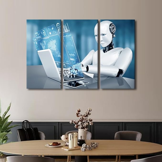 3 Pieces Canvas Wall Art Robot Framed Art Prints Big Data Analysis Artwork Prints on Canvas AI Intelligence Giclee Gallery-Wrapped Posters and Prints Modern Home Decor Framed Ready to Hang, 60"Wx40"H