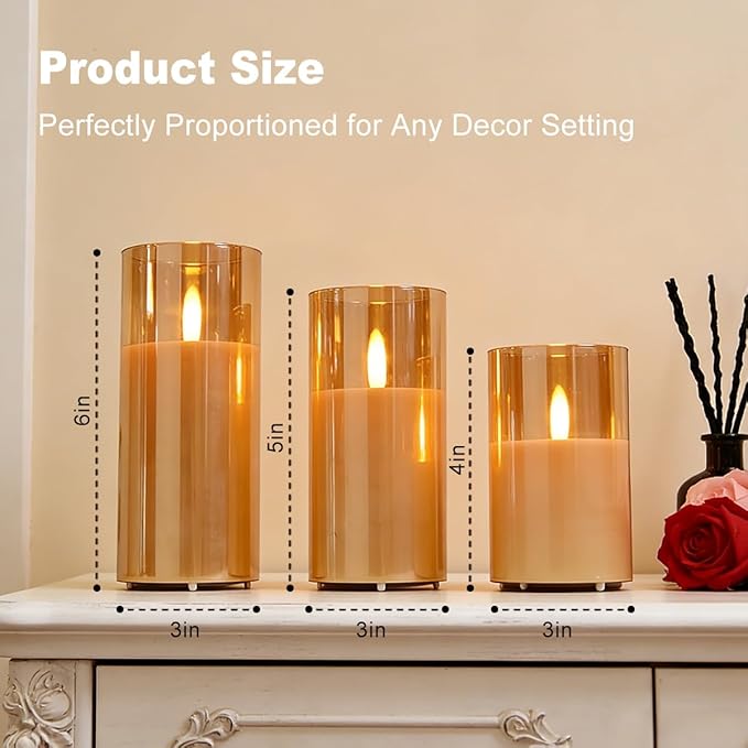 Rechargeable Flameless LED Gold Glass Candles–Luminous Real Wax Indoor Home Decor–Set of 3, Realistic Flickering LED Flame,Remote & Timer,Ideal for Living Room, Bedroom & Festival Décor