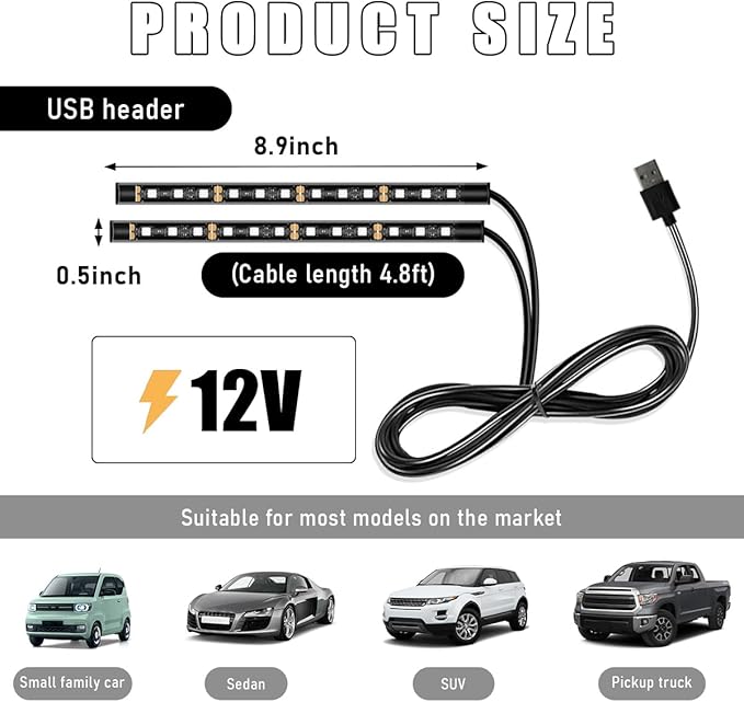 Car Interior LED Strip Light, 12V 24 LED Waterproof Neon Ambient Night Light with USB Port, Automotive Atmosphere Decorative Under Dash Lighting Kit, Car Accessories (Pink Purple)