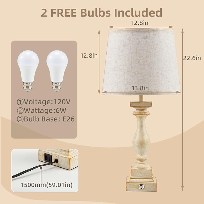 Touch Lamps for Bedroom Set of 2,Bed-Side Table Lamps with 2 USB Ports, Bedroom Lamps with 3-Way Dimmable,23" Tall Table Lamps for Living Room/Night-Stand, Bonus 2 Bulbs