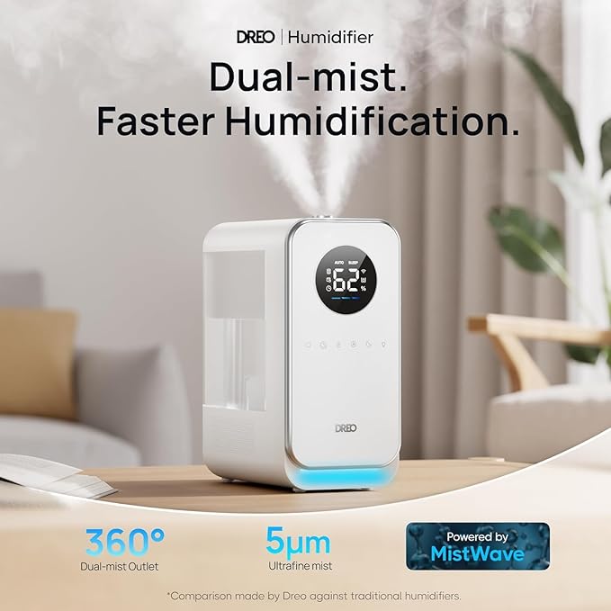 DREO Humidifiers for Bedroom, Top-filled Smart Quiet Cool Mist Humidifier for Large Room Home, Oil Diffuser & Nightlight, 50Hours Runtime for Indoor Plants, with Alexa/Google, White