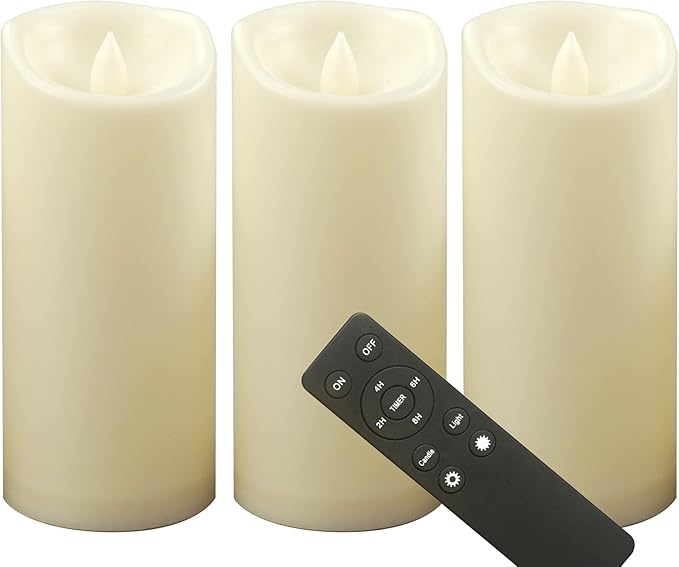 CANDLE CHOICE Outdoor Battery-Operated Flameless Candles with Remote Timer Waterproof Flickering Plastic Electric LED Pillar Lights for Lantern Patio Garden Wedding Halloween Christmas 3”x7” 3 Pack