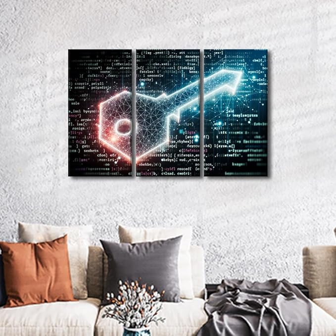 TUMOVO 3 Panels Modern Wall Art Abstract Glowing Key on Digital Background Pictures Print on Canvas for Bedroom Living Room Wall Decoration, Security Concept Artwork Ready to Hang, 36" Wx24 H