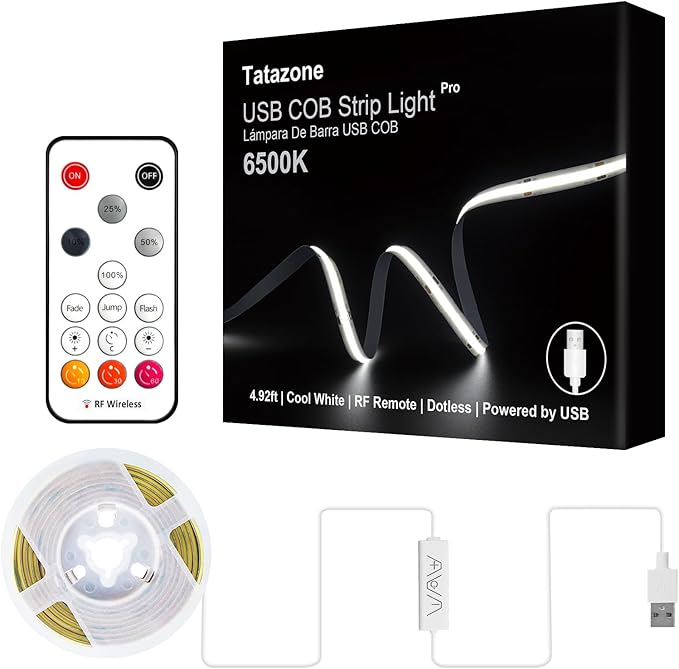 5V USB COB Led Strip Light with RF Remote, 4.92ft 6500K CRI93+ USB Powered COB Led Light Strip, Dimmable Indoor COB Led Light for Cabinet, TV, Camping, Monitor, Showcase, Motorhome