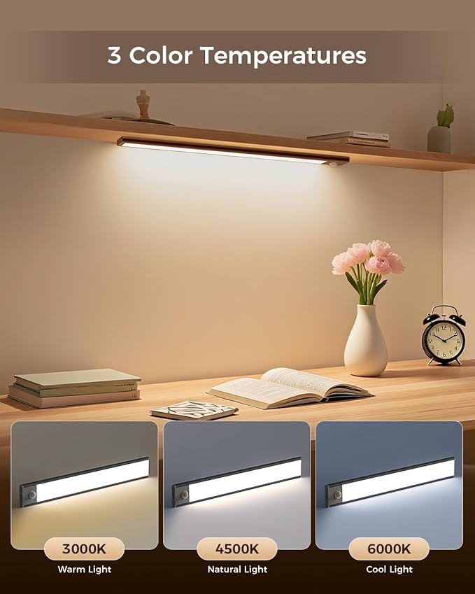 11.8in Motion Sensor Cabinet Light, 2 Pack Under Cabinet Lighting with 4 Modes (Auto Night/Day/Always On/Off), 3 CCT & Stepless Dimming, USB Type-C Charging, for Kitchen, Stairs