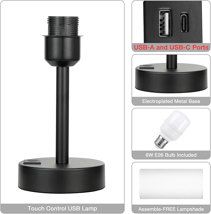 Dicoool Bedside Touch Table Lamps for Bedroom Nightstand with USB-C USB-A Charging Ports White, 3 Way Dimmable Small Lamp Fabric Shade Black Base for Office, Living Room, Dorm Room Reading