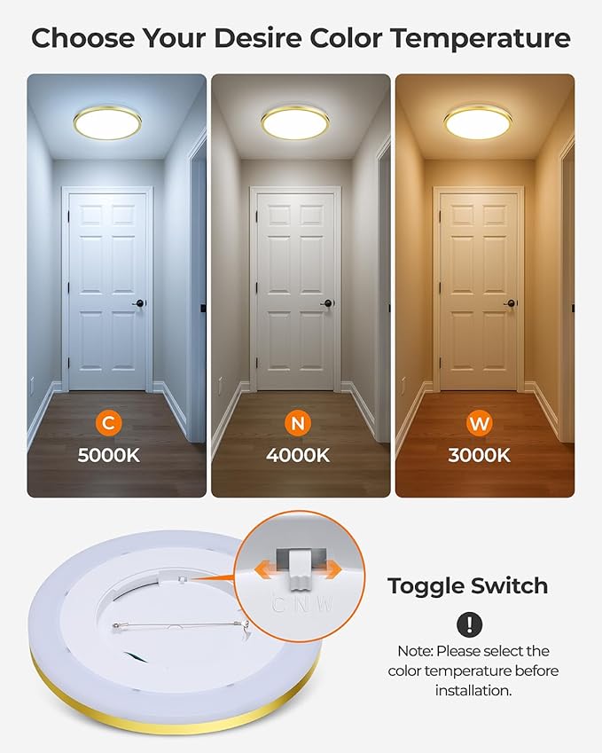 Matane 12 Inch LED Flush Mount Ceiling Light Fixture with Night Light, 24W 2400LM 3000K/4000K/5000K Selectable, Dimmable Ceiling Lights for Bedroom, Dining Room, Kitchen, Round Gold