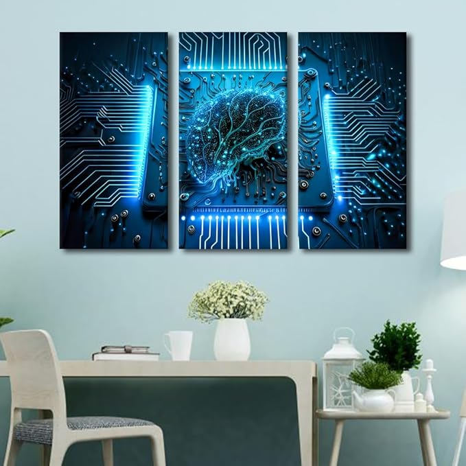 TUMOVO Wall Art for Living Room Artificial Intelligence Posters and Prints 3 Panel Computer Processor Canvas Print Kit for Home Wall Decoration, Modern Artwork Framed Ready to Hang, 60" Wx40 H