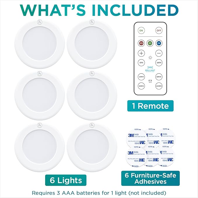 Brilliant Evolution LED Tap Light Push Lights with Remote - 6-Pack Battery Operated Under Cabinet Lights - Stick On Puck Lights for Kitchen, Closet, and Night Lighting - Wireless Warm White, 55 Lumens