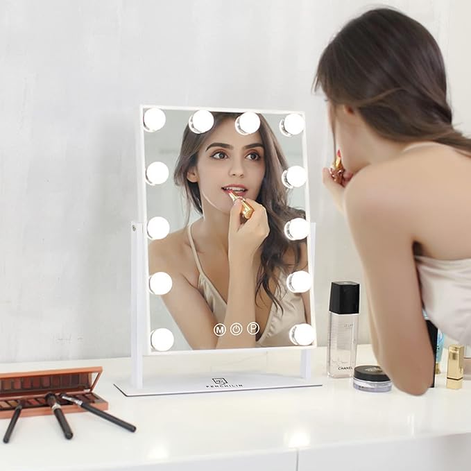 FENCHILIN Lighted Vanity Makeup Mirror with Lights Hollywood Mirror Desk Mirror with Bulbs Light Smart Touch Control 3Colors Dimmable Light Detachable 10X Magnification 360°Rotation
