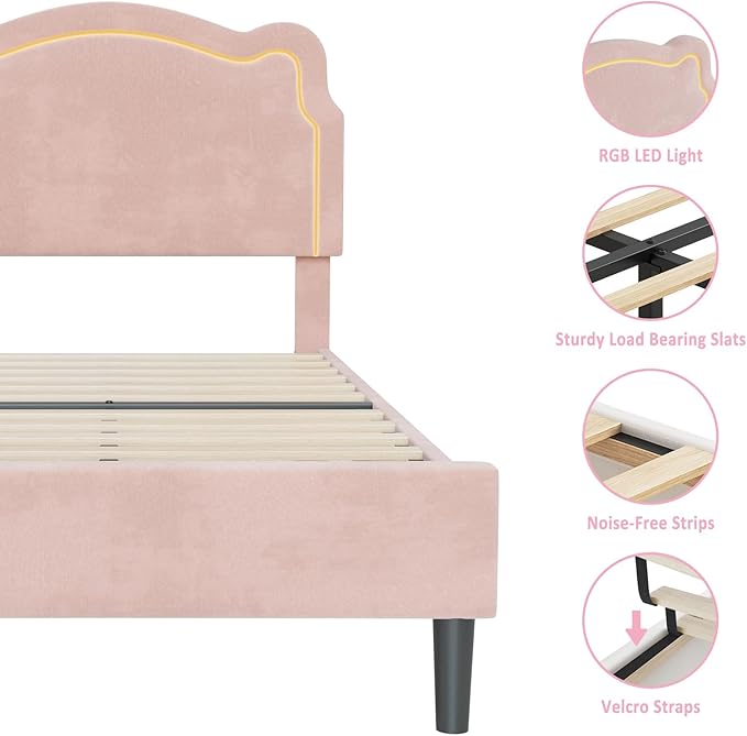 GarveeHome Twin Upholstered Smart LED Bed Frame with Headboard, Velvet Princess Platform Bed Frame for Kids, Wooden Slats Support, No Box Spring Needed (Pink)