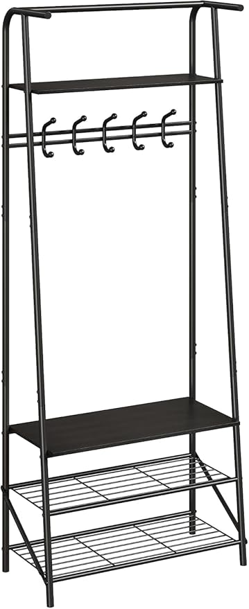 Hall Tree, Entryway Hall Tree with Shoe Rack, Coat Rack with Shoe Rack and Hooks, 25” Freestanding Metal Entryway Organizer with 4-Tier Storage Shelves for Hallway, Bathroom, Small Spaces