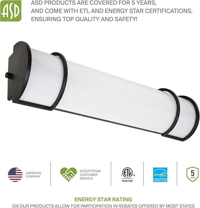ASD LED 36" Vanity Flush Mount Light Fixture, Linear Bathroom Lighting Bar | 3CCT, Dimmable, Energy Star, ETL Listed | 30W 2650LM 3000-5000K 120V | Long Bath Wall Sconce Over Mirror | Black, 4 Pack
