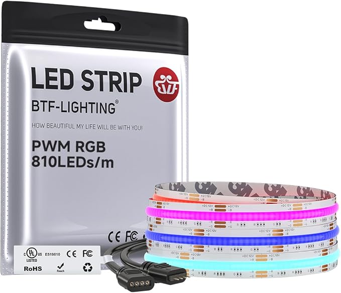 BTF-LIGHTING FCOB COB RGB LED Strip Light, UL Listed, 810LEDs/m High Density Flexible Color Changing Light, DC12V 9.8FT 10mm Width for Bedroom Cabinet Home Indoor Decor(No Adapter or Controller)
